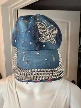 Rhinestone Butterfly Denim Baseball Cap | Distressed Bling Hat Adjustable